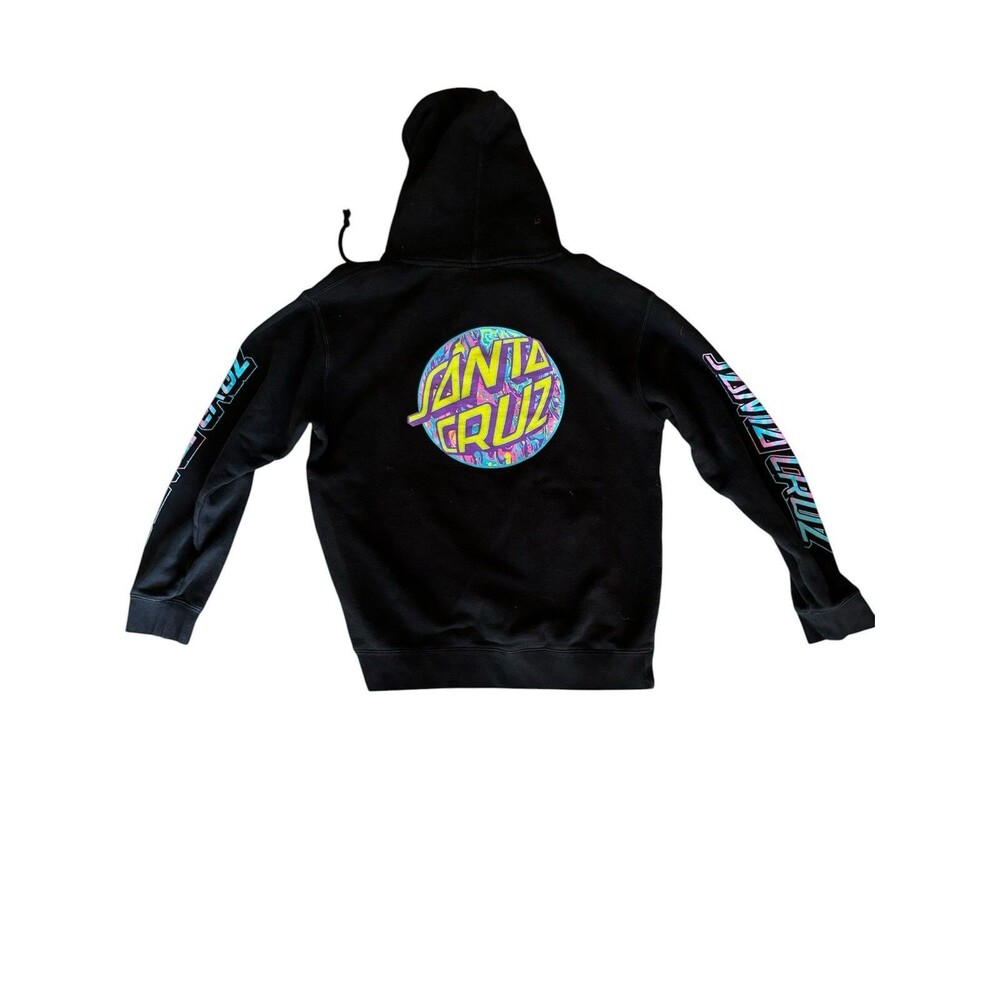 Santa Cruz Men Black Psychedelic Swirl Logo Hoodie Spellout Sleeves Skate, Y2K